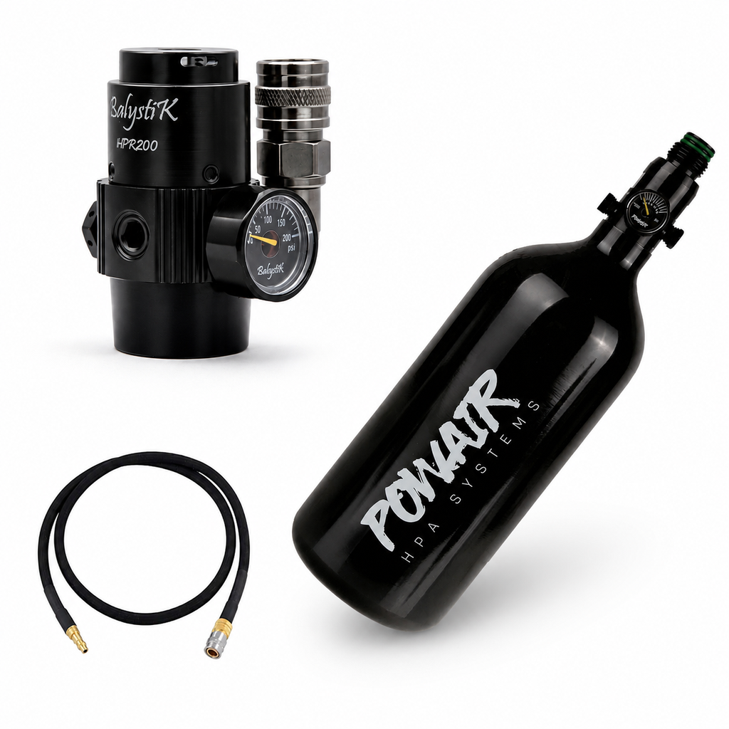 Pack HPA (US) PowAir 0,8L con Regulador Balystik HPR200 Black Ops y Línea Flex